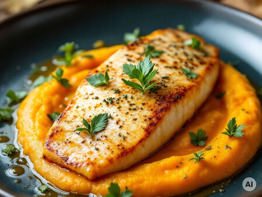 Zander auf Kürbis-Safran-Püree mit Orangenbutter Rezept