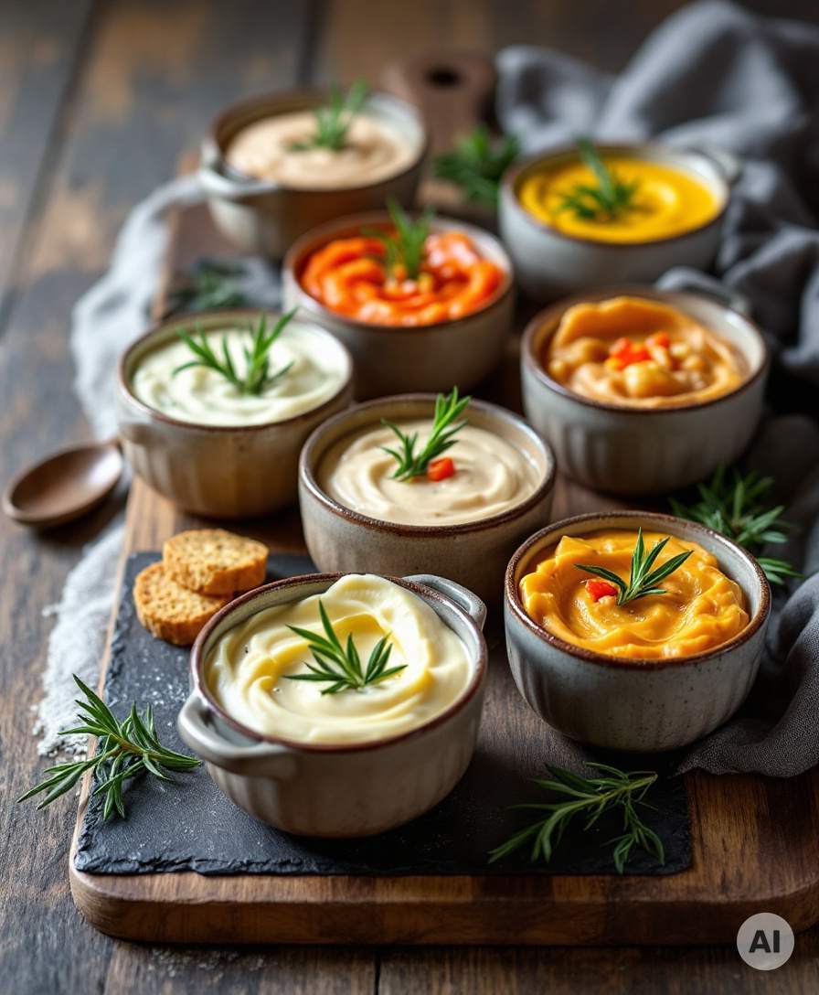 Acht Fondue-Saucen in Schälchen auf einem Holzbrett