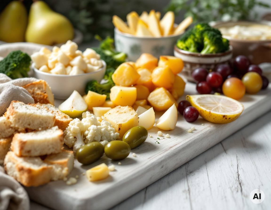 Beilagen zum Käsefondue: Brot, Kartoffeln, Brokkoli, Blumenkohl, Birne und Trauben