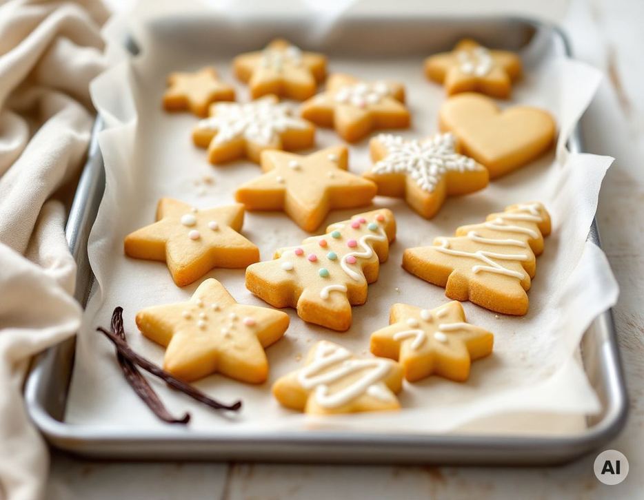Butterplätzchen in Stern- und Herzform mit Zuckerguss auf dem Backblech