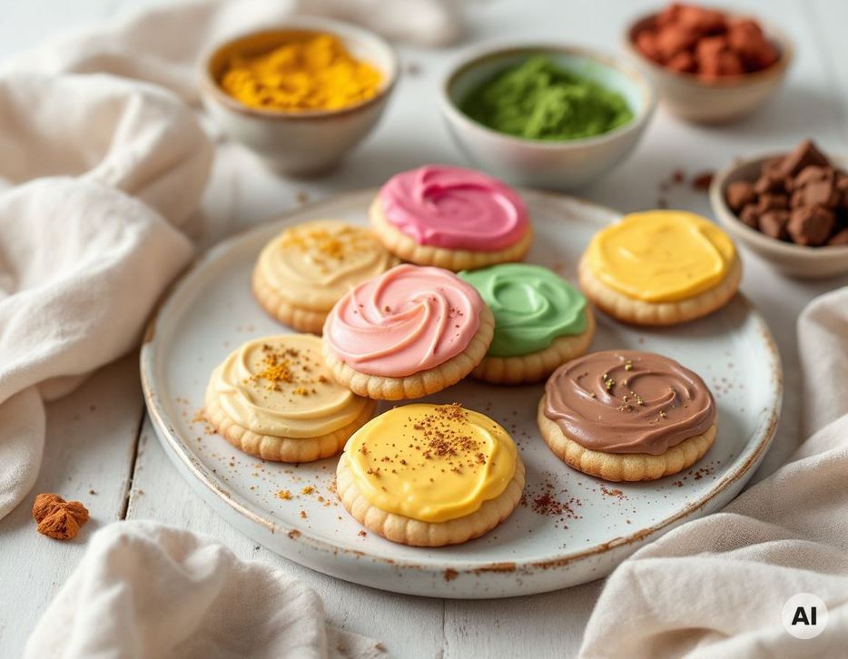 Butterplätzchen mit gelbem, rosa und grünem Zuckerguss aus Kurkuma, Rote Bete und Matcha