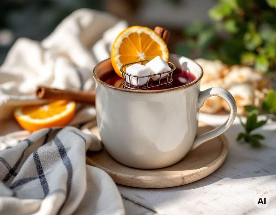 Feuerzangenbowle für die Tasse mit Würfelzucker auf kleiner Zange