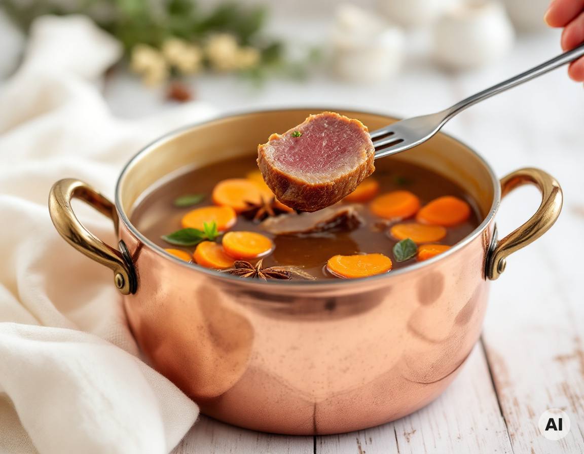 Fondue-Brühe mit Sternanis und Möhren, Rindfleisch an der Gabel