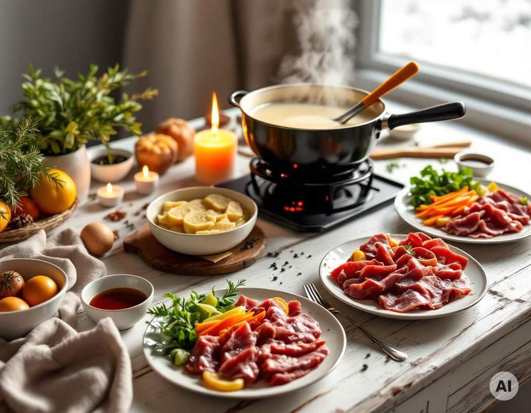 Fondue-Topf auf dem Rechaud mit dünnem Rindfleisch, Gemüse und Saucen