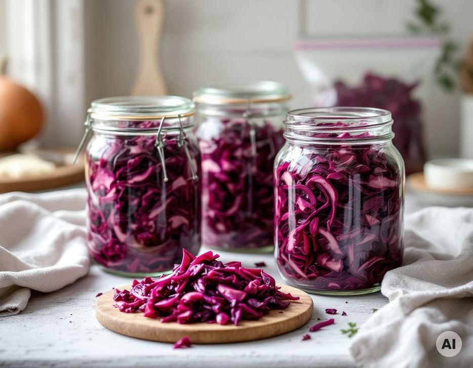 Gekochter Rotkohl portioniert in Einmachgläsern und Gefrierbeutel zum Vorkochen