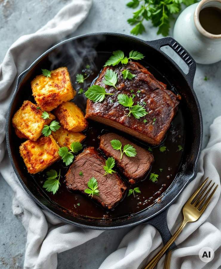 Geschmorter Rinderbraten in Scheiben in dunkler Rotweinsoße mit Röstkartoffeln
