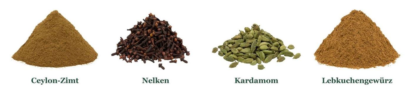 Gewürze für Plätzchen: Ceylon-Zimt, Nelken, Kardamom und Lebkuchengewürz