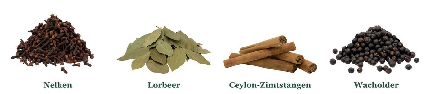 Gewürze für Rotkohl: Nelken, Lorbeerblätter, Ceylon-Zimtstangen und Wacholderbeeren