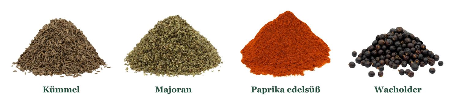 Gewürze für Schweinebraten: Kümmel, Majoran, Paprika edelsüß und Wacholder