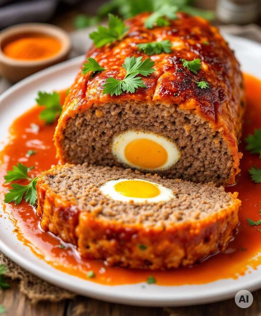 Hackbraten mit gekochtem Ei in der Mitte, angeschnitten, mit Paprikasoße