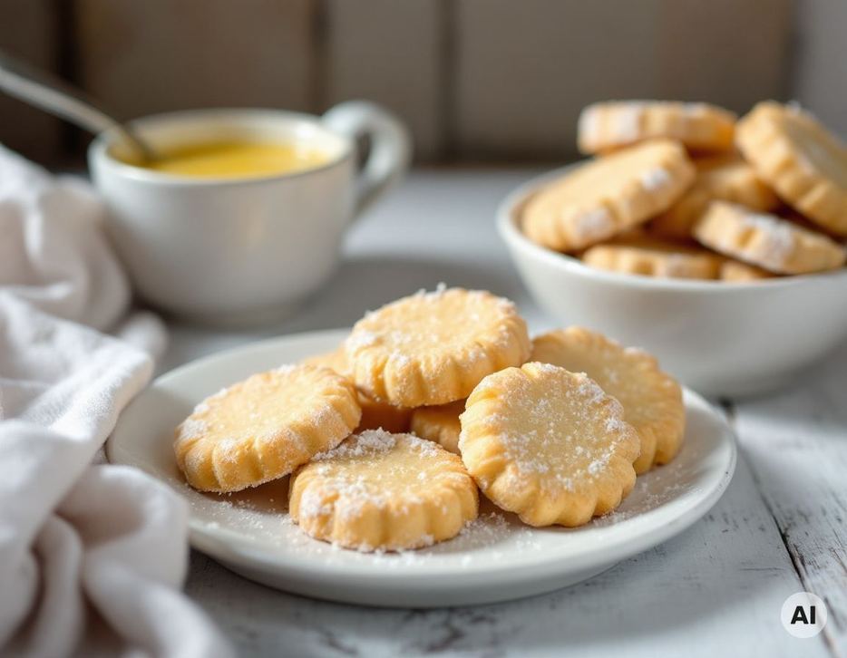 Heidesand Plätzchen mit Zuckerrand und gebräunter Butter im Topf