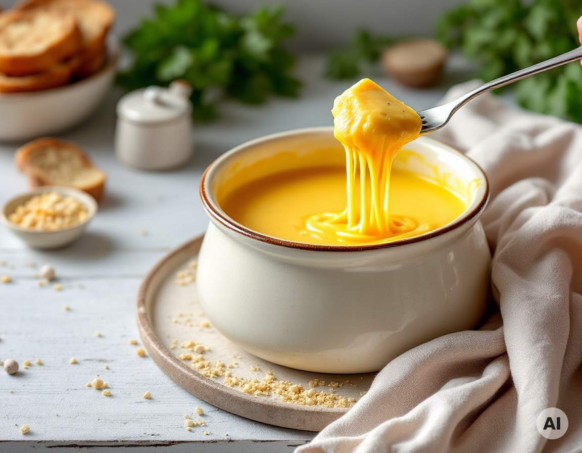 Käsefondue im Caquelon mit Brotwürfel und Käsefäden an der Gabel