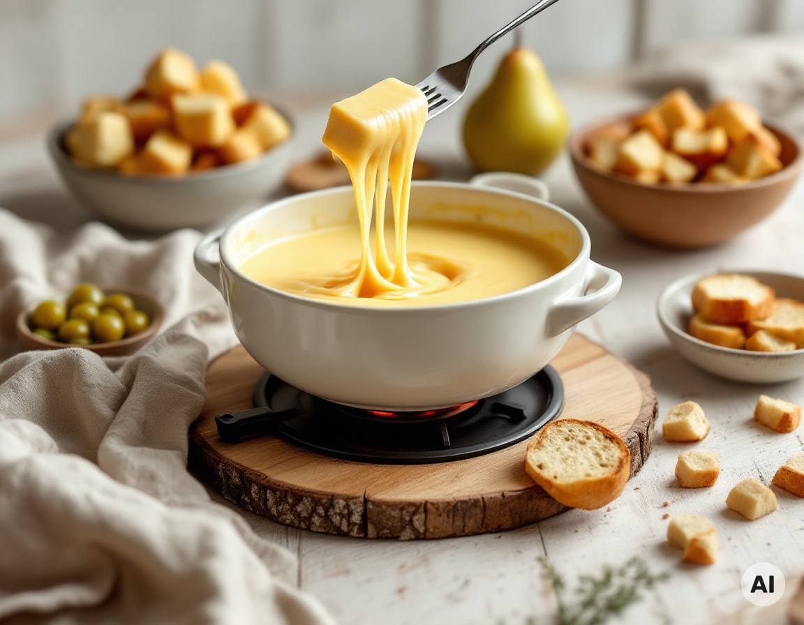 Käsefondue im Topf mit Brotwürfel an der Gabel und langen Käsefäden
