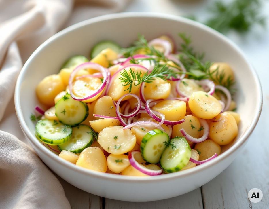 Kartoffelsalat mit Essig und Öl, Gurke und Dill