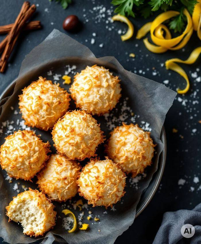 Kokosmakronen auf Oblaten mit goldbraunen Spitzen