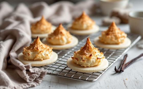 Kokosmakronen mit goldbraunen Spitzen auf Oblaten auf dem Kuchengitter