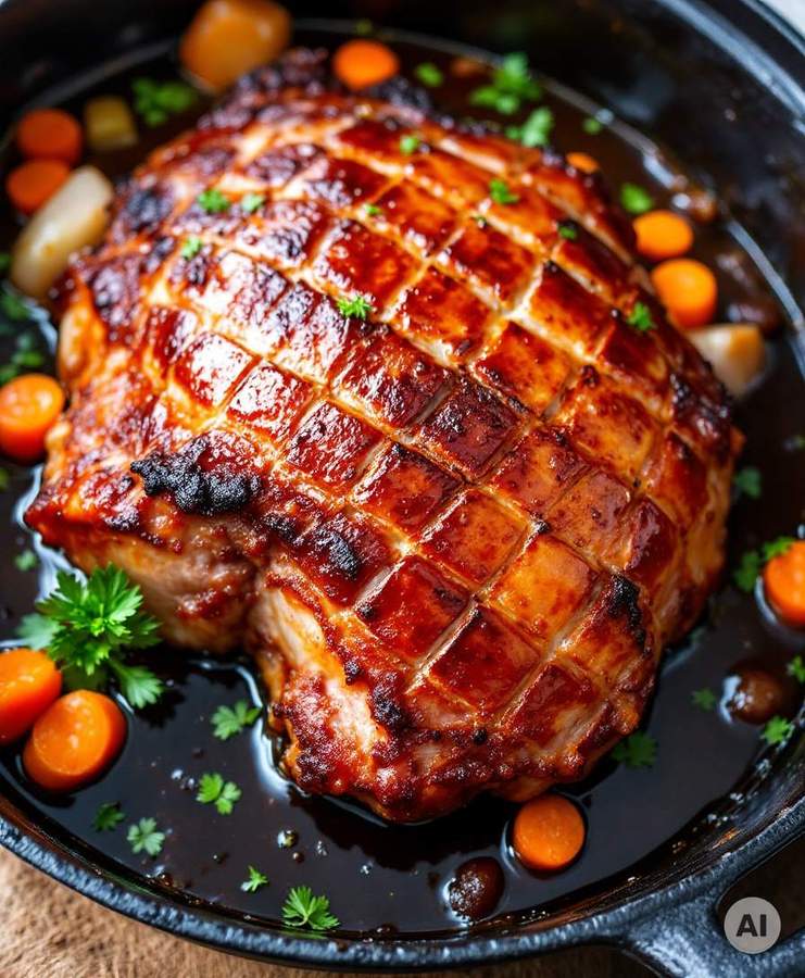 Krustenbraten im Bräter mit rautenförmig eingeschnittener Kruste und Möhren