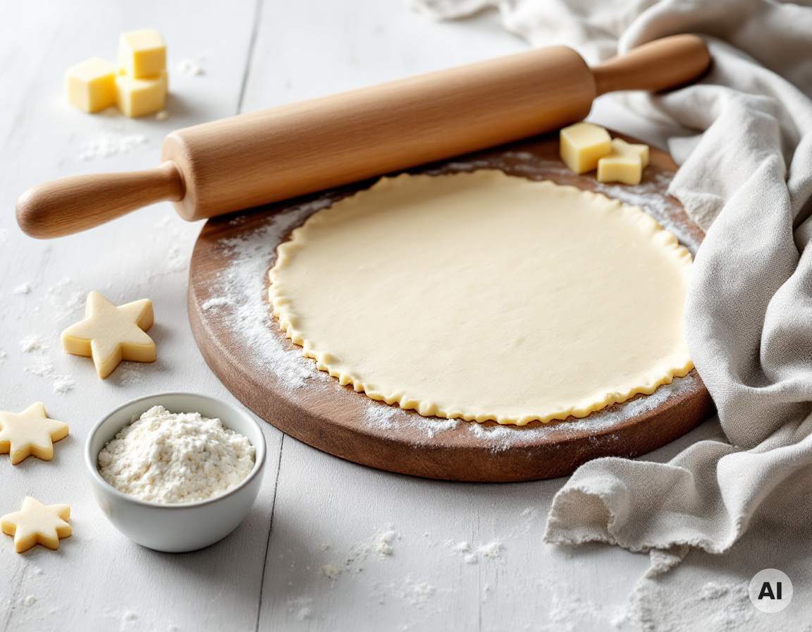 Mürbeteig ausgerollt mit Nudelholz, Butterwürfeln und Teigsternen