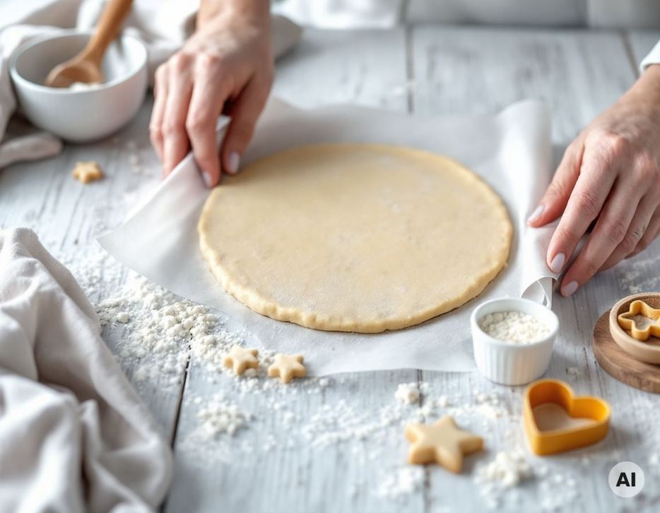 Mürbeteig für Plätzchen zwischen Backpapier ausgerollt mit Ausstechformen