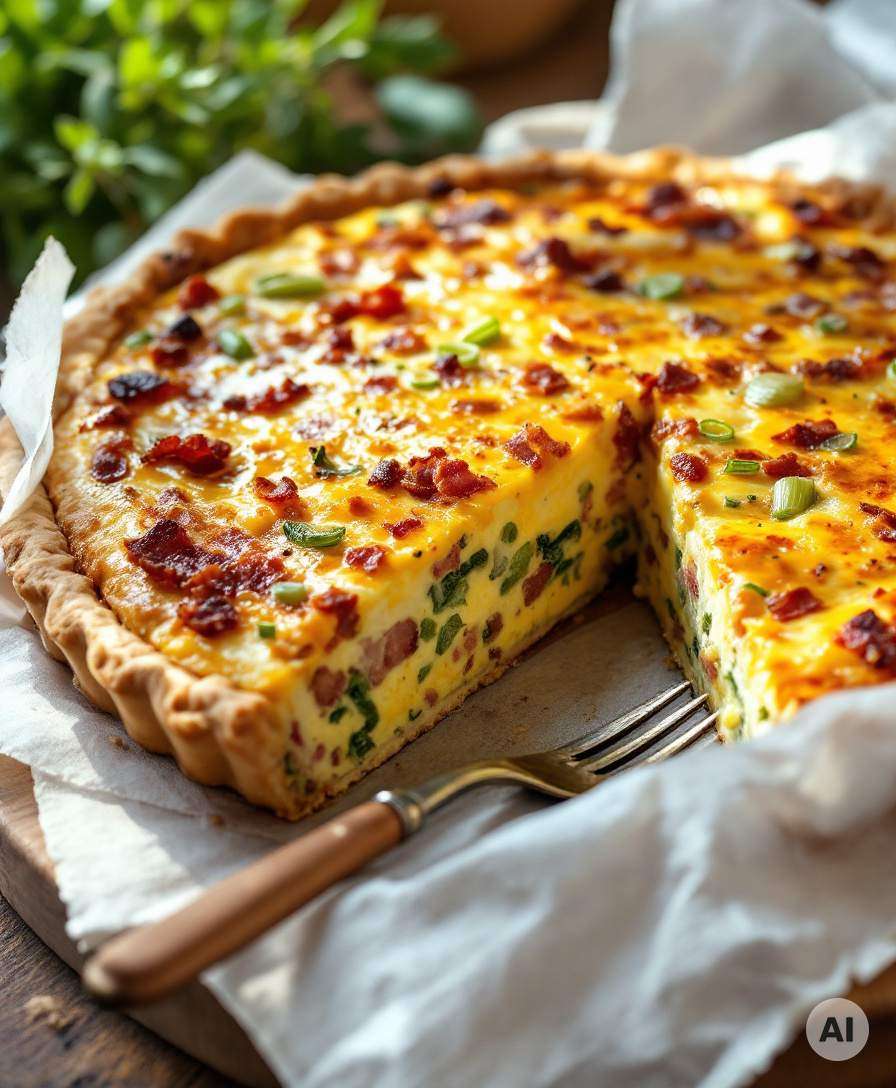 Quiche Lorraine mit Lauch und Speck im Mürbeteigboden angeschnitten