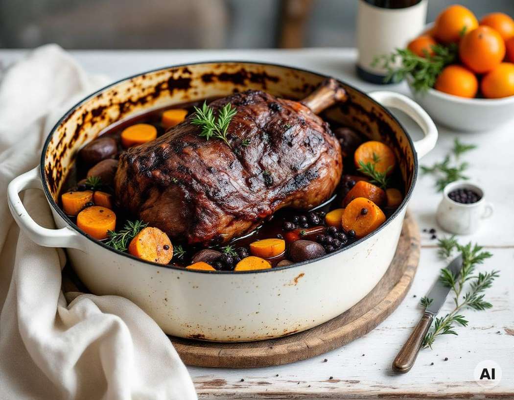 Rinderbraten im Bräter mit Rotweinsoße, Wacholder und Möhren
