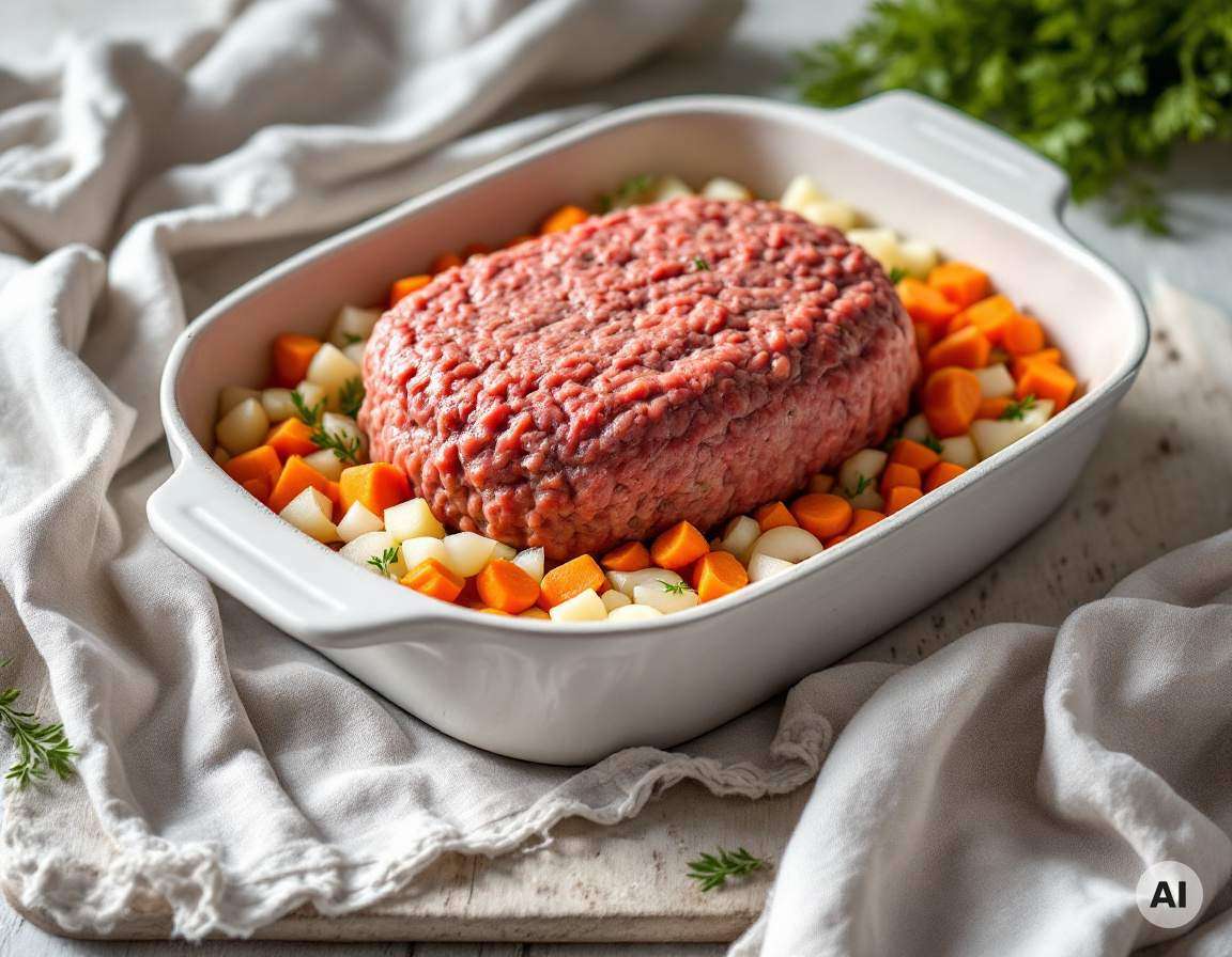 Roher geformter Hackbraten mit Zwiebel- und Karottenwürfeln in der Auflaufform
