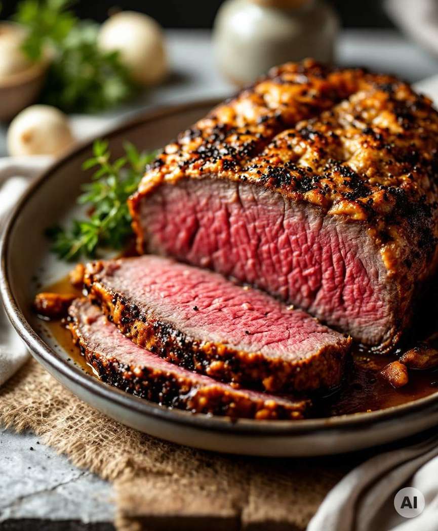Rosa Rinderbraten in Scheiben mit Pfefferkruste