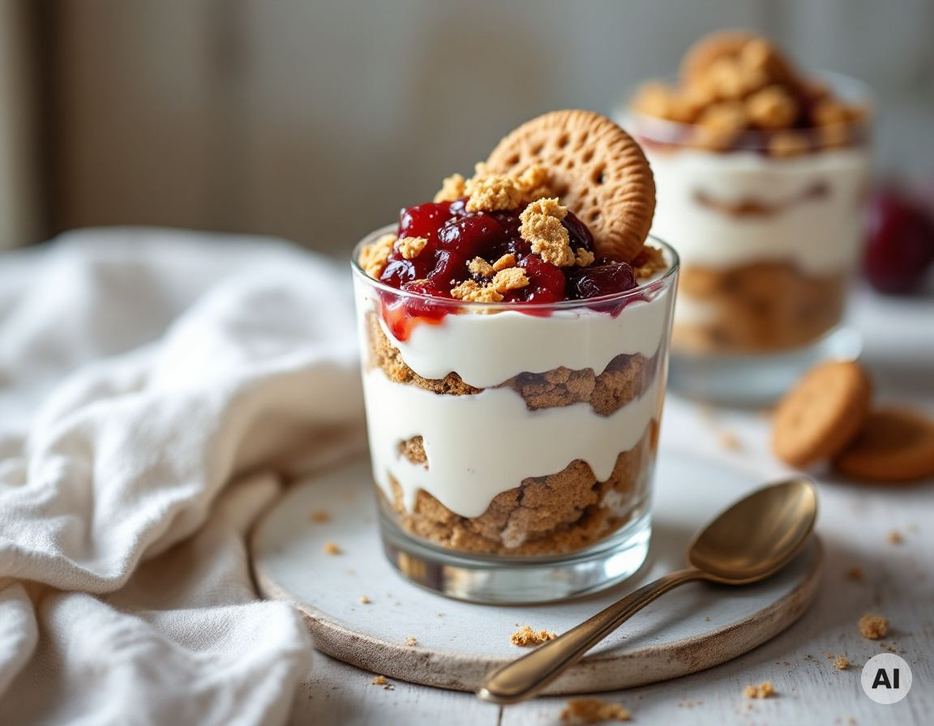Schichtdessert im Glas mit Spekulatius-Bröseln, Creme und Gewürzpflaumen