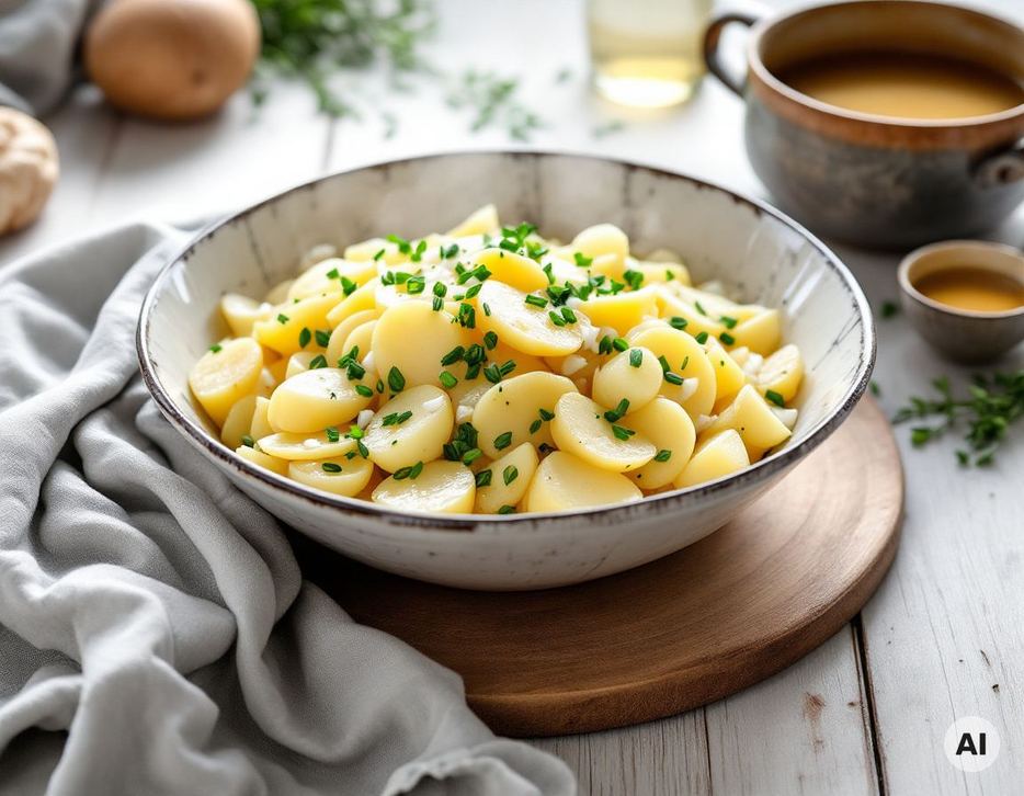 Schwäbischer Kartoffelsalat ohne Mayo mit Brühe und Schnittlauch in der Schüssel
