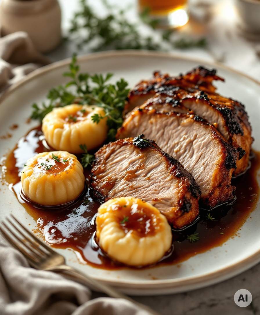 Schweinebraten in Scheiben mit dunkler Biersoße und Kartoffelknödeln