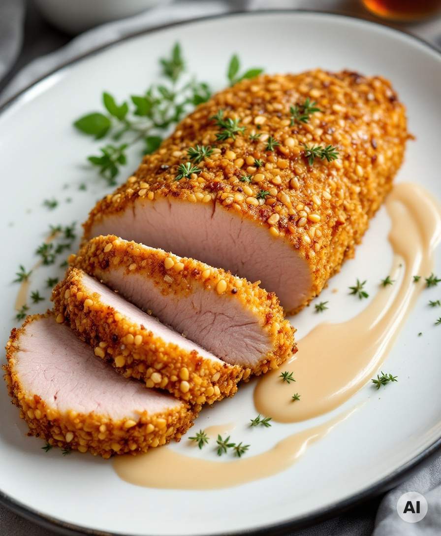 Schweinebraten mit Senfsaat-Kruste in Scheiben mit Thymian und heller Soße
