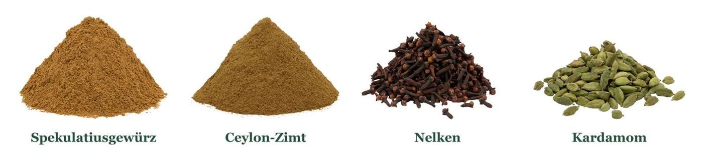 Spekulatiusgewürz, Ceylon-Zimt, Nelken und Kardamom als Gewürzhaufen