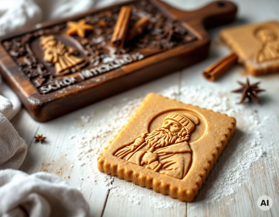 Spekulatiusmodel aus Holz mit Nikolaus-Motiv und herausgeklopftem Spekulatius