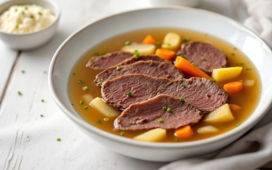 Tafelspitz in Scheiben mit Brühe, Wurzelgemüse und Apfelkren