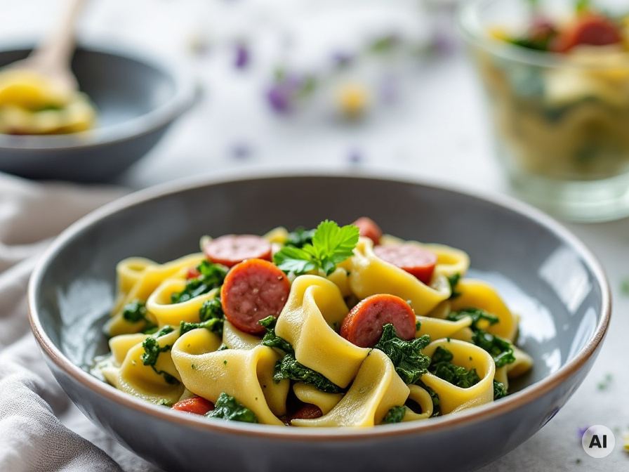 Bandnudeln mit Grünkohlpesto und Garnelen Rezept