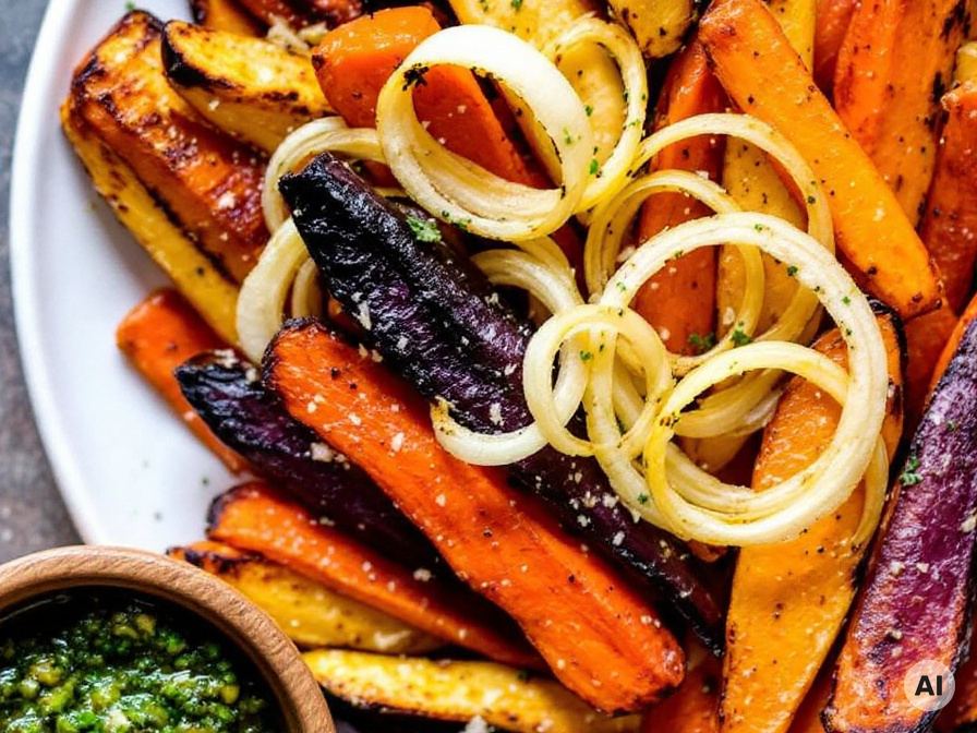 Bunte Ofenkarotten mit veganem Chimicurri Dip Rezept