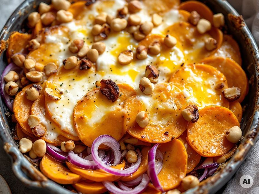 Überbackene Süßkartoffeln mit Ricotta und Haselnüssen