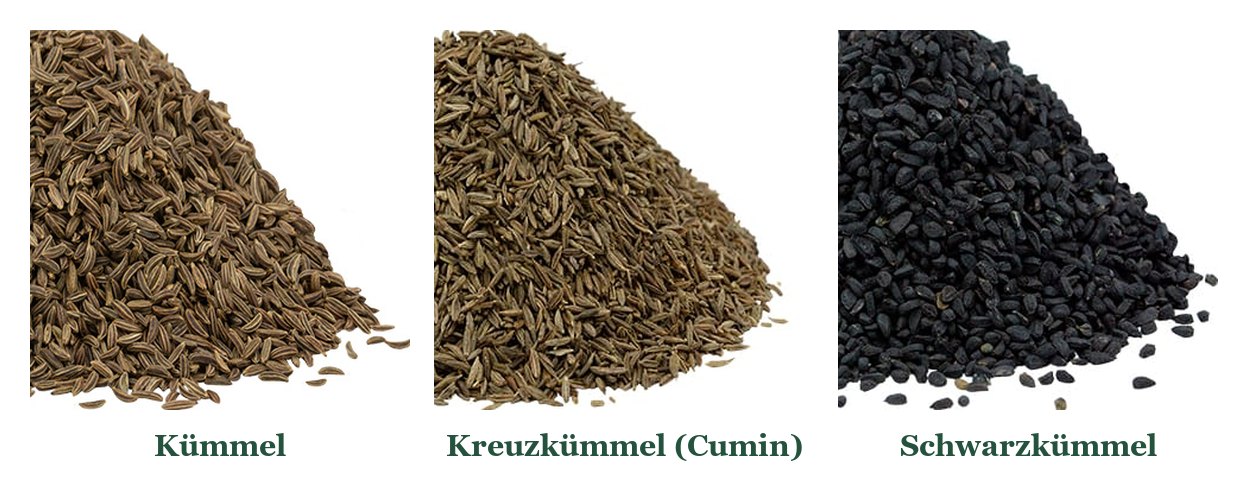 Kümmel, Kreuzkümmel (Cumin) und Schwarzkümmel im Vergleich: Körner nebeneinander