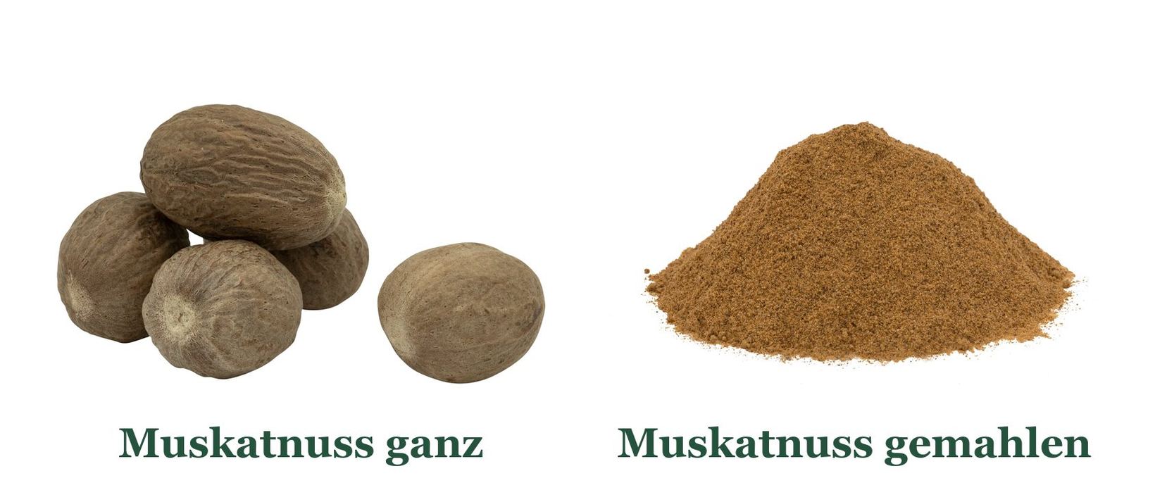 Muskatnüsse ganz und gemahlenes Muskatnusspulver