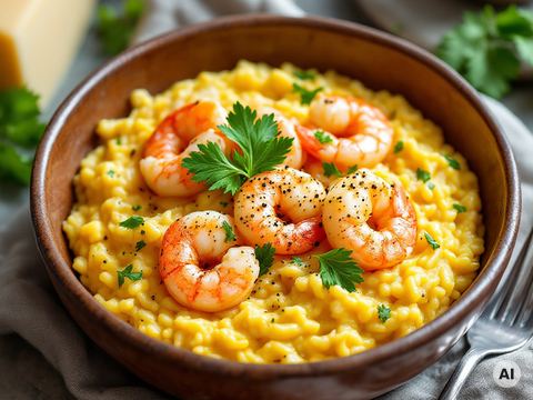 Scampi-Risotto mit Safran und gebratenen Garnelen